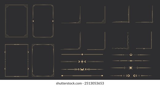 Colección Oro celestial marcos esotéricos mínimos, esquinas, divisores delgada línea borde dorado, luna, estrellas esquinas. Forma geométrica, tarrot aislado en fondo oscuro. Establecer forma geométrica, tarrot 