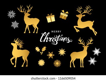 Collection of gold  Christmas  decorative  design  elements. Deer silhouettes, snowflakes and gift boxes  isolated on black  background. Golden Xmas reindeers. Vector  flat  illustration.