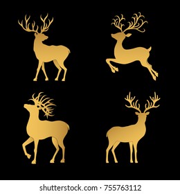 Collection of gold  Christmas  deer silhouettes isolated on the black  background. Golden Xmas reindeers. Vector illustration.