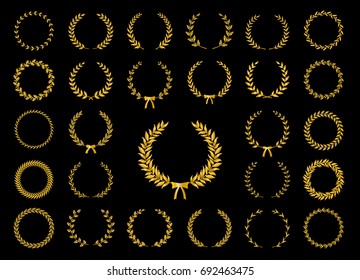 Collection of gold circular laurel wreaths for use as design elements in heraldry on an award certificate manuscript and to symbolise victory illustration in silhouette