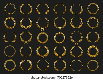 Collection of gold circular laurel wreaths for use as design elements in heraldry on an award certificate manuscript and to symbolise victory illustration in silhouette