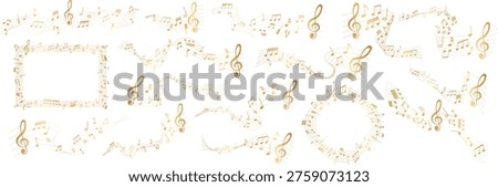 collection of gold colored sheet music illustrations - musical notes melody