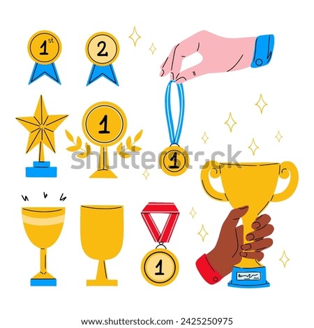Collection of gold cups and medals. Hand with victory cup. Set of trophies or awards for winners. Metal symbols of success, championship and triumph.