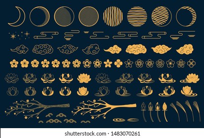 Collection of gold decorative elements in oriental style with moon, stars, clouds, tree branch, lotus flowers, grass, for Chinese New Year, Mid Autumn Festival. Isolated objects. Vector illustration.