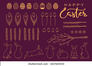 Collection of gold decorative elements with rabbits, eggs, tree branch, tulips, text, flowers, grass, willow catkins for Easter designs. Isolated objects. Hand drawn vector illustration. Line drawing.