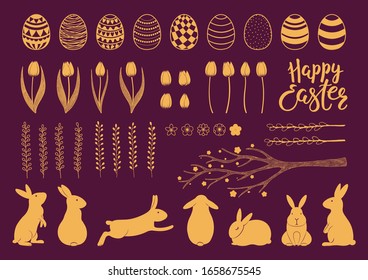 Collection of gold decorative elements with rabbits, eggs, tree branch, tulips, text, flowers, grass, willow catkins for Easter designs. Isolated objects. Hand drawn vector illustration. Flat style.