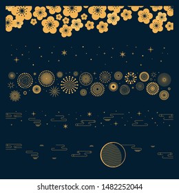 Collection of gold decorative horizontal borders in oriental style with moon, stars, clouds, flowers, fireworks, for Chinese New Year, Mid Autumn Festival. Isolated objects. Vector illustration.