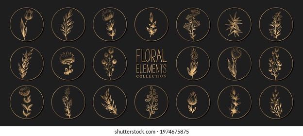 Collection of gold floral round icons isolated on black background. Set of elegant vector highlight covers for social media stories