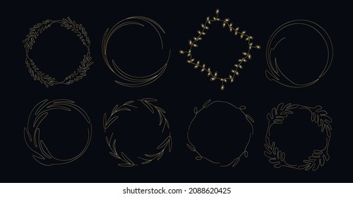 A collection of gold frames with an abstract pattern. hand-drawn wreaths in the style of one line. for print. a postcard, a banner, invitation with a place for text. Vector art illustration.