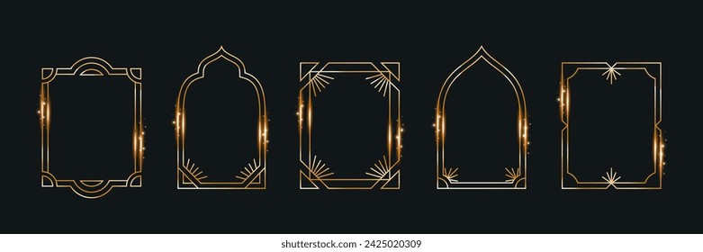 A collection of gold frames in bohemian boho retro style. Linear vector illustration