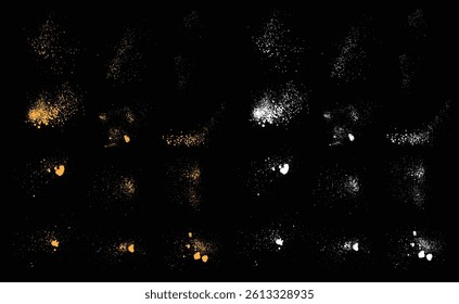 Collection of gold glitter illustrations. Gold sparkles light effect golden color glitter confetti background set