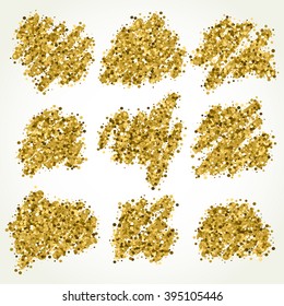 Collection with gold glitter scribbles.  Gold sparkle vector template for your text. Template for your design, invitation, logos, web, card, gift, vip, voucher, certificate.