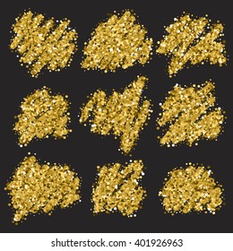 Collection with gold glitter scribbles.  Gold sparkle vector template for your text. Template for your design, invitation, logos, web, card, gift, vip, voucher, certificate.