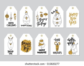Collection of gold glitter texture Christmas and New Year gift tags. Vector holiday cute design with lettering.