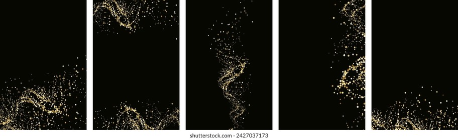 
Collection of gold glitter textures set against a sleek black backdrop. Radiant stardust in a warm amber hue. A cascade of sparkling  shine confetti.Overlay sand powder effect.