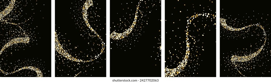 
Collection of gold glitter textures set against a sleek black backdrop. Radiant stardust in a warm amber hue. A cascade of sparkling  shine confetti.Overlay sand powder effect.