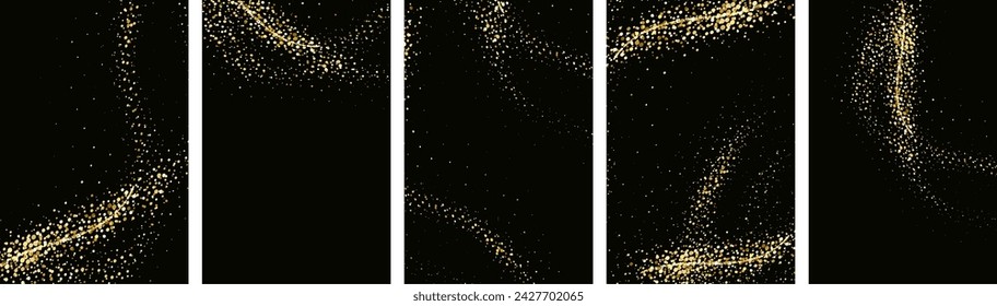 
Collection of gold glitter textures set against a sleek black backdrop. Radiant stardust in a warm amber hue. A cascade of sparkling  shine confetti.Overlay sand powder effect.