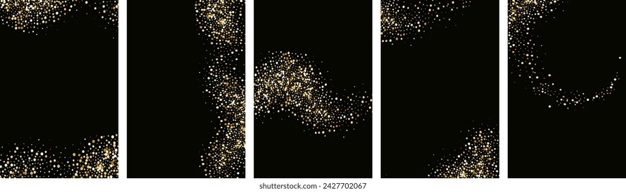 
Collection of gold glitter textures set against a sleek black backdrop. Radiant stardust in a warm amber hue. A cascade of sparkling  shine confetti.Overlay sand powder effect.