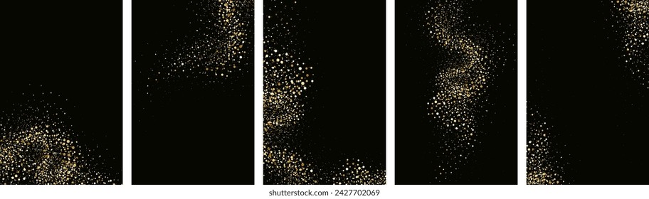 
Collection of gold glitter textures set against a sleek black backdrop. Radiant stardust in a warm amber hue. A cascade of sparkling  shine confetti.Overlay sand powder effect.