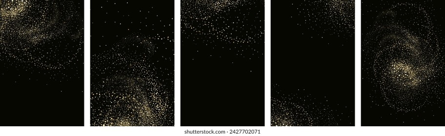 
Collection of gold glitter textures set against a sleek black backdrop. Radiant stardust in a warm amber hue. A cascade of sparkling  shine confetti.Overlay sand powder effect.