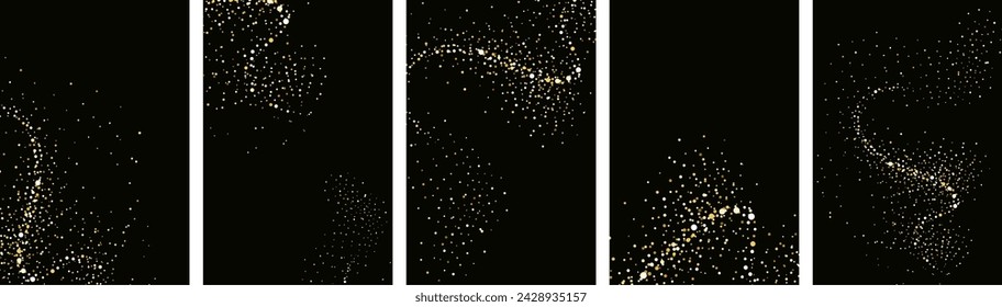 
Collection of gold glitter textures set against a sleek black backdrop. Radiant stardust in a warm amber hue. A cascade of sparkling  shine confetti.Overlay sand powder effect.