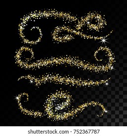 Collection Gold Glitter Wave. Vector illustration. Object is isolated on black background with translucent grid