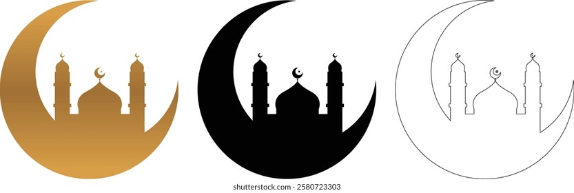 Collection of Gold Gradient Black Outline Small Mosque with Crescent
