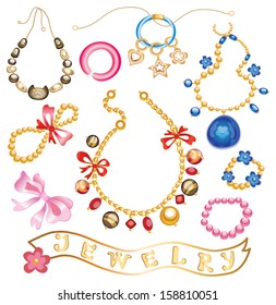 collection of gold jewelery with precious stones (vector illustration)