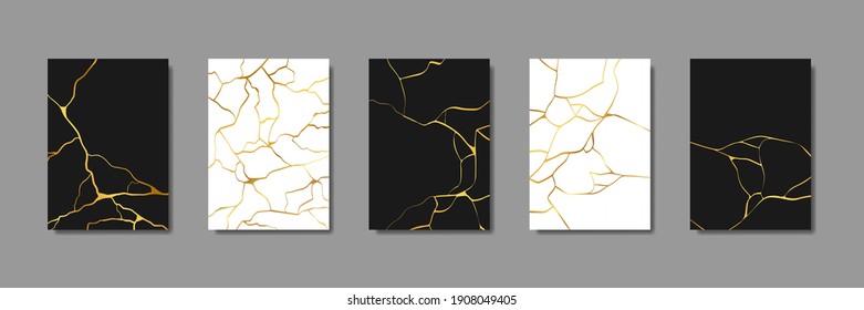 Collection Of Gold Kintsugi Cover Design Templates. Golden Crackle Texture Background. Luxury Broken Marble Stone Pattern For Wedding Invitation, Card, Flyer Or Social Media