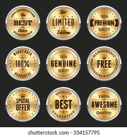 Collection of gold labels and badges with silver border