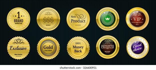 Collection gold labels for promo seals. Can be use for website, shop, design certificate. Quality stickers round. Vector retro objects with glass