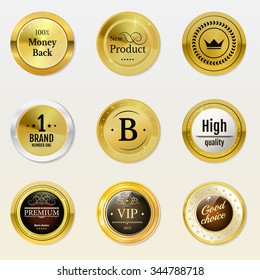 Collection gold labels for promo seals. Can be use for website, online-shop, design certificate. Quality stickers round with stone and glossy. Vector retro objects