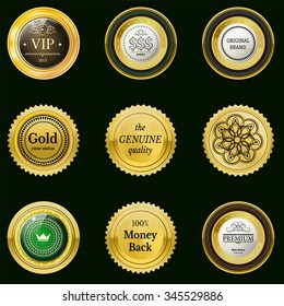 Collection gold labels for promo seals. Can be use for website, online-shop, design certificate. Quality stickers round with stone. Vector retro objects