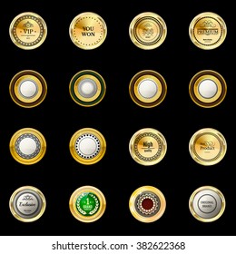 Collection gold labels for promo seals. Can be used for website, online-shop, design certificate. Quality stickers round with stone. Vector retro objects