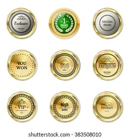 Collection gold labels for promo seals. Can be used for website, online-shop, design certificate. Quality stickers round with stone. Vector retro objects