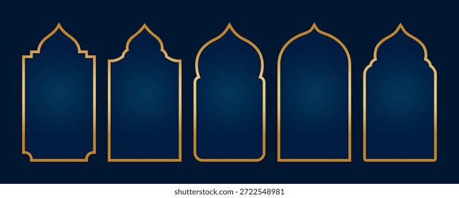 Colección de siluetas islámicas de la puerta de la mezquita de la línea dorada y bordes de la ventana en azul para el diseño religioso