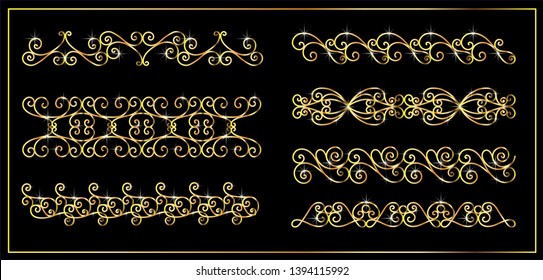 collection of gold patterns on a dark background. Seamless boarders. 