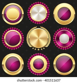 Collection of gold and purple shiny luxury badge, rosette, button on black background