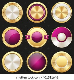 Collection of gold and purple shiny luxury badge, rosette, button on black background