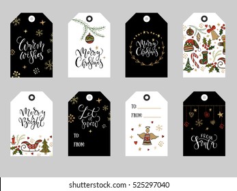 Collection of gold, red and black hand drawn Christmas ready-to-use gift tags. Winter Holidays text and lettering as logo, badge icon set. Vector lettering typography gift tags