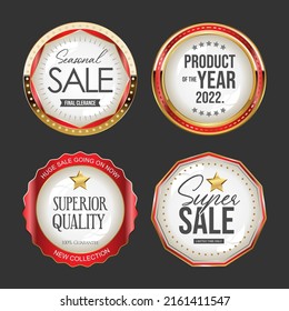 Collection of gold and red super sale badges and labels