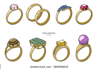 Collection of gold rings with precious stones.