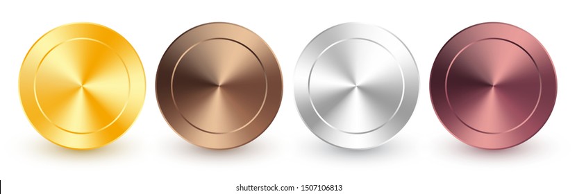 Collection of gold, rose gold, silver, chrome, bronze radial metallic gradient. Brilliant plates with gold, silver, chrome, bronze metallic effect. Vector illustration.