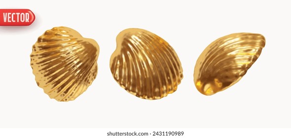 Collection gold Shell scallop. Set of Scallop seashell closed shapes of objects realistic 3d design. Design elements isolated on white background. Vector illustration