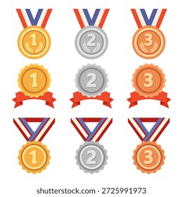 Coleção de medalhas de ouro, prata e bronze com fitas para conquistas. Conjunto de ícones de prêmio.