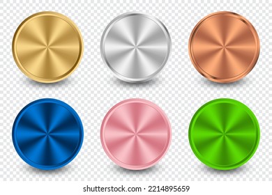 Collection of gold, silver, bronze, blue metal, pink metal, and green metal radial metallic gradient. Plates with gold, silver, bronze metallic effect. Vector illustration