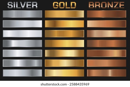 Collection of gold, silver, bronze gradients. Brilliant plates with metallic effect. Vector illustration.