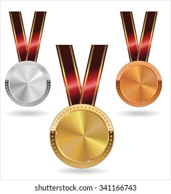 Collection of gold silver and bronze medals on white background