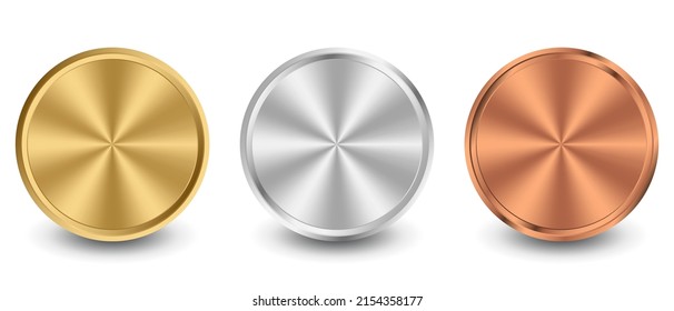 Collection of gold, silver, bronze radial metallic gradient. Plates with gold, silver, bronze metallic effect. Vector illustration