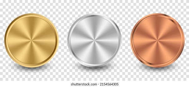 Collection of gold, silver, bronze radial metallic gradient. Plates with gold, silver, bronze metallic effect. Vector illustration
